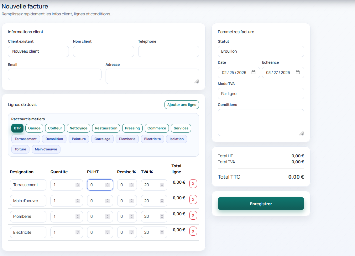 Interface MonDevisSimple — tableau de bord devis et factures en ligne